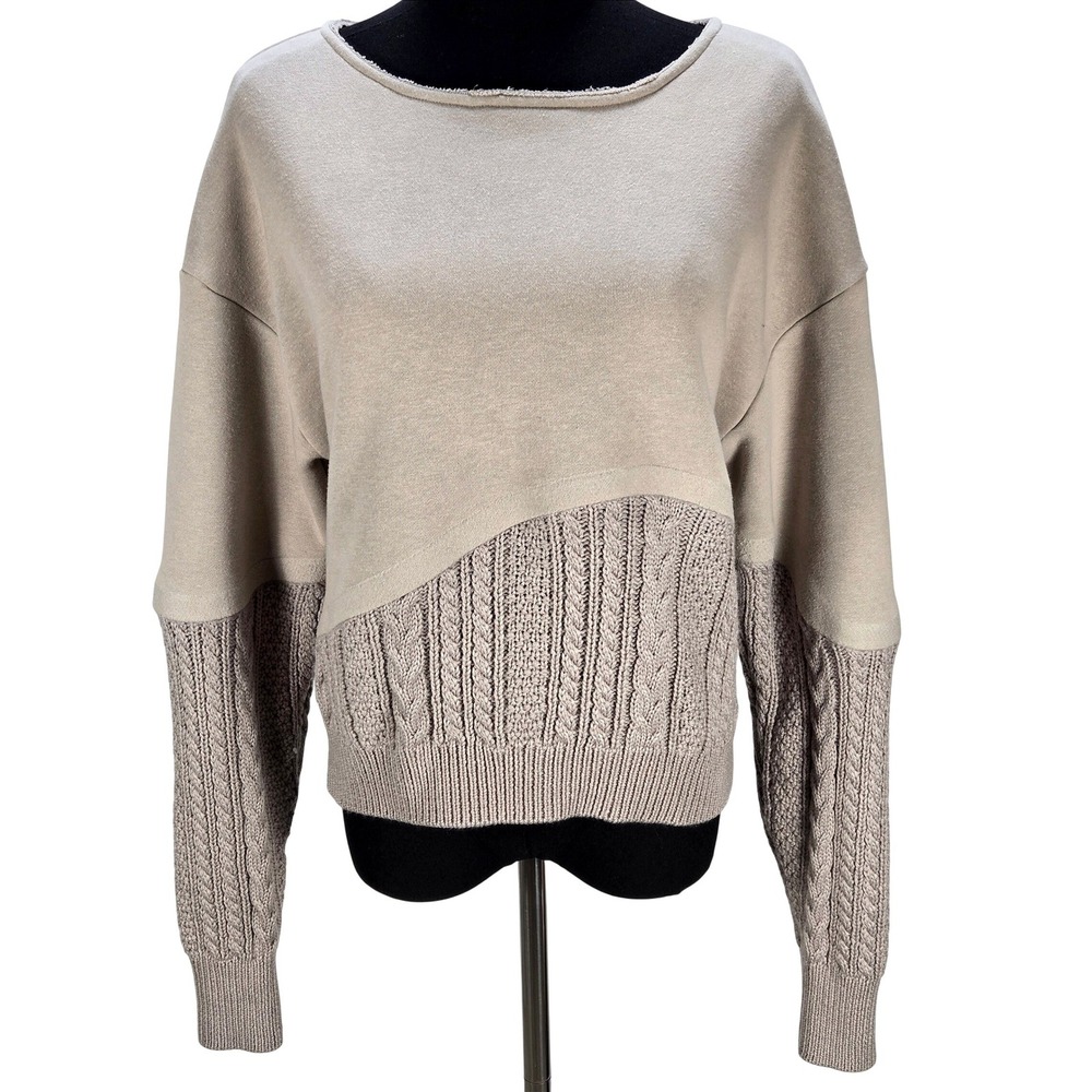 Women's Twenty Montreal Small Beige Mixed Media Cable Knit Sweater